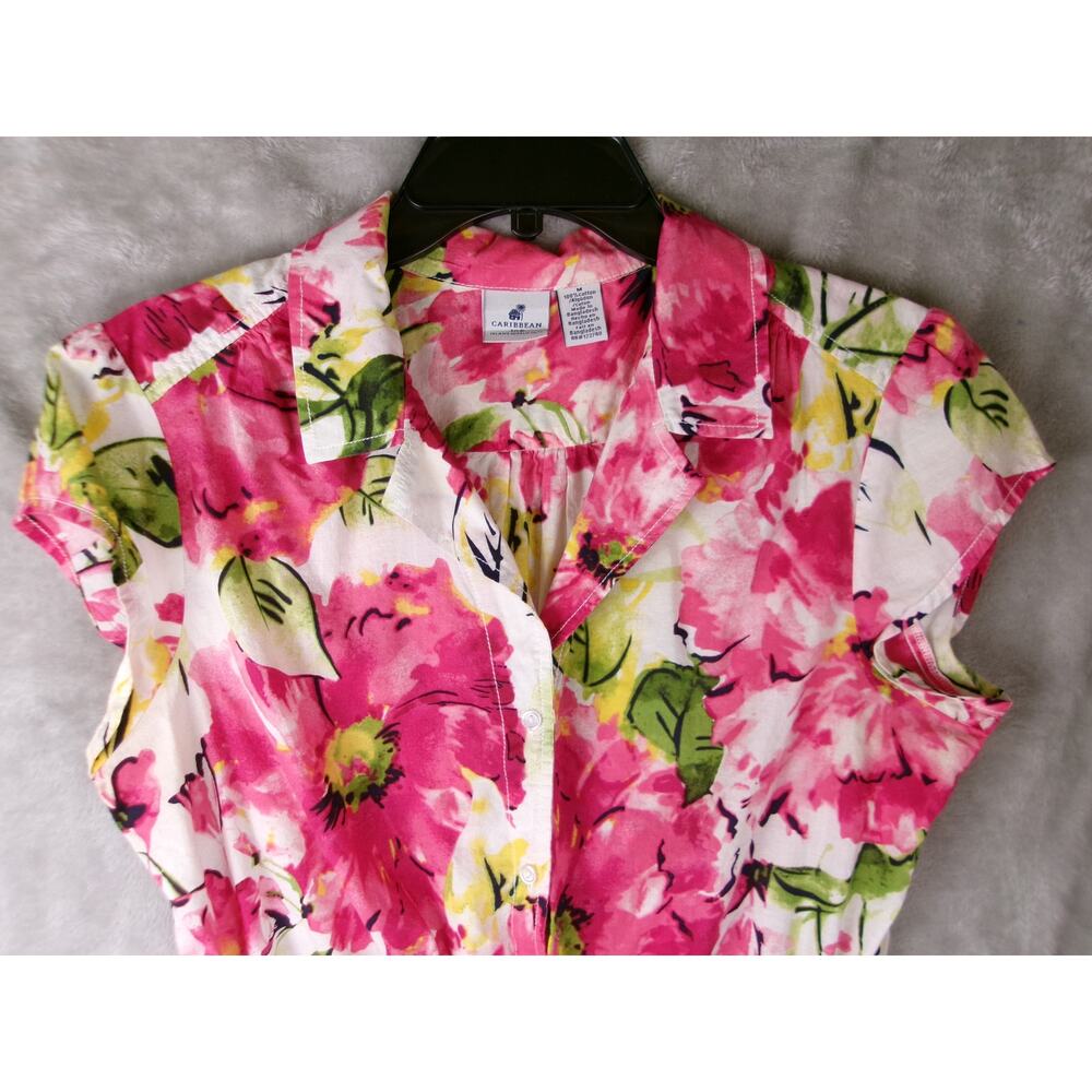 Caribbean Joe Floral Cotton Resort Blouse Pink Tropical Top Size M - Picture 2 of 5